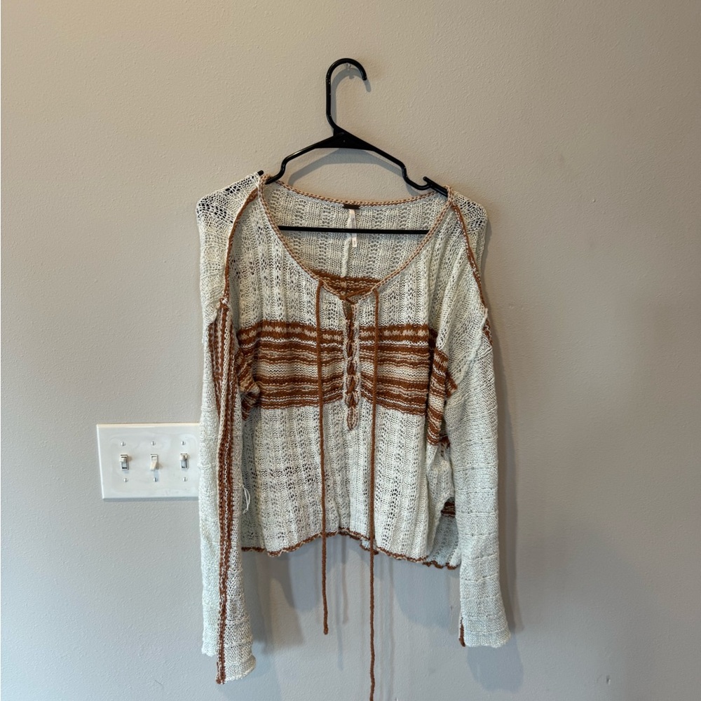 Free People Cream and Brown Knit Blouse